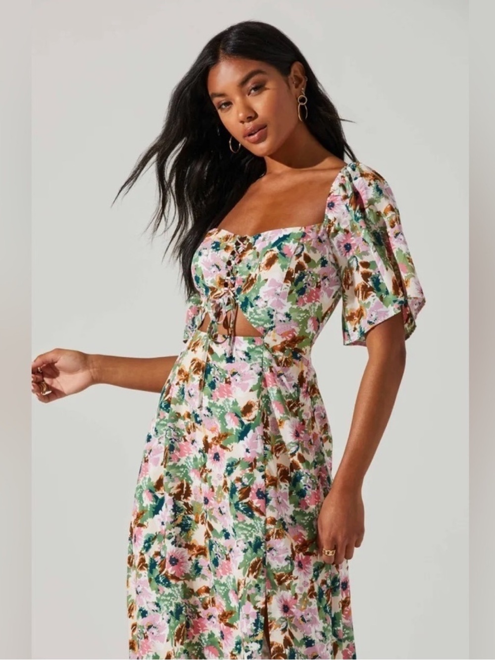 NWT Astr the Label Lace Up Flutter Sleeve Cut Out Midi Dress
